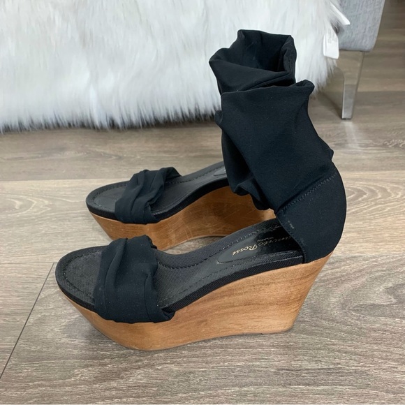 Gianvito Rossi Wood Platform Wedge Sandals Stretch Fabric Ankle Black Y2K 2000s - Picture 5 of 11